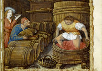 Septembre : le foulage du raisin, dans les Heures dites « de Chappes », de Jean de Montluçon, Bourges, vers 1490, Arsenal Ms 438, folio 9.Bibliothèque de l'Arsenal, Paris.