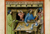 Marchand de vin rouge, illustration extraite du Tacuinum sanitatis (Tableau de santé)...