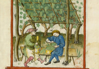 Fabrication de vin acide, illustration extraite du Tacuinum sanitatis (Tableau de santé), vers 1445-1451... Bibliothèque nationale de France, Paris.