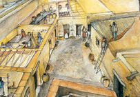 Dessin restituant l'ambiance des habitations dans l'angle nord-ouest du premier village gaulois de l'île de Martigues.