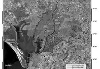 Paléogéographie des sites de la Marismilla et de la Estacada del Alfaro (La Puebla del Río). Les deux sites sont localisés, au nord des marais du Guadalquivir, sur l'ancien rivage marin du maximum de la transgression flandrienne.
