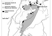 Gisements de sel gemme et sources salées en Baden-Württemberg (d'après Carlé, 1965, fig.3 et Wild, 1968, fig.2).