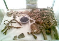 Ossements du troisième « homme de sel » et objets retrouvés avec lui, en 1993 dans la mine de Tchehrâbâd (Iran).