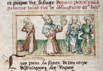 Médecine et magie, miniature. Esculape et Circé ? Médecin tenant une fiole d'urine devant un couple ; magicienne frappant des pots de sa baguette.