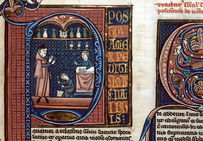 Apothicaire et ses assistants préparant des médicaments. D'après l'ouvrage d'Avicenne, Canon medicinae, traduit par Gerardus Cremonensis, XIIIe siècle (troisième quart). (Besançon, BM - ms. 0457).