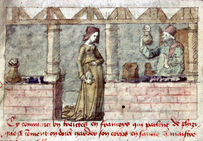 Médecine et magie, miniature. Esculape et Circé ? Médecin tenant une fiole d'urine devant un coupe ; magicienne frappant des pots de sa baguette.