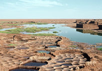Salines de Tegidda-n-tesemt, dans le nord du Niger. À l'arrière-plan, les maisons en banco. Les salines sont formées de cratères entourées des amas de déblais entassés au fil des ans...